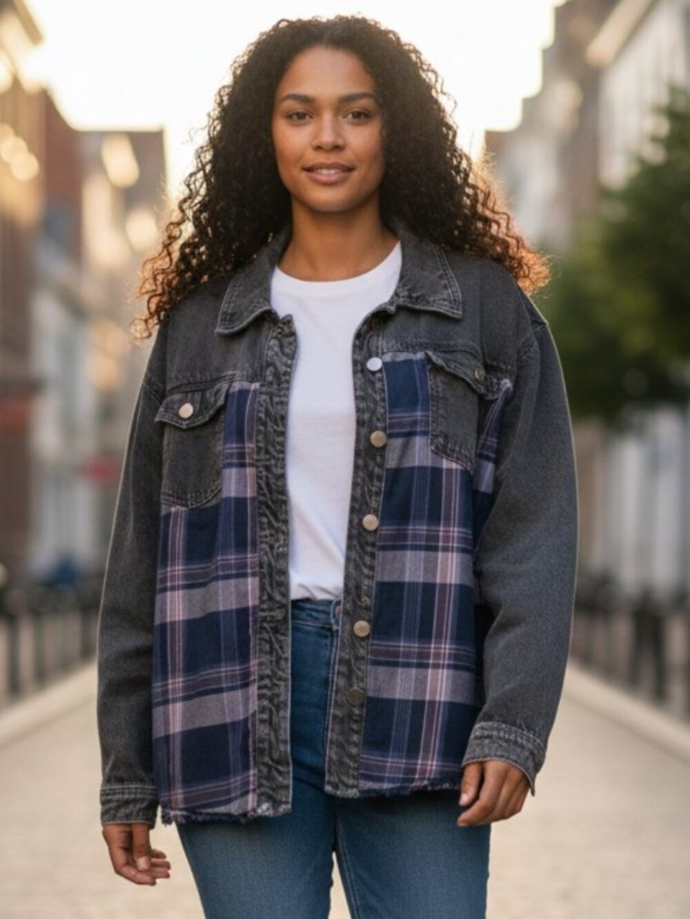 EUC BKE (MED) Denim Plaid Distressed Boho Trucker Button Up Denim Jacket